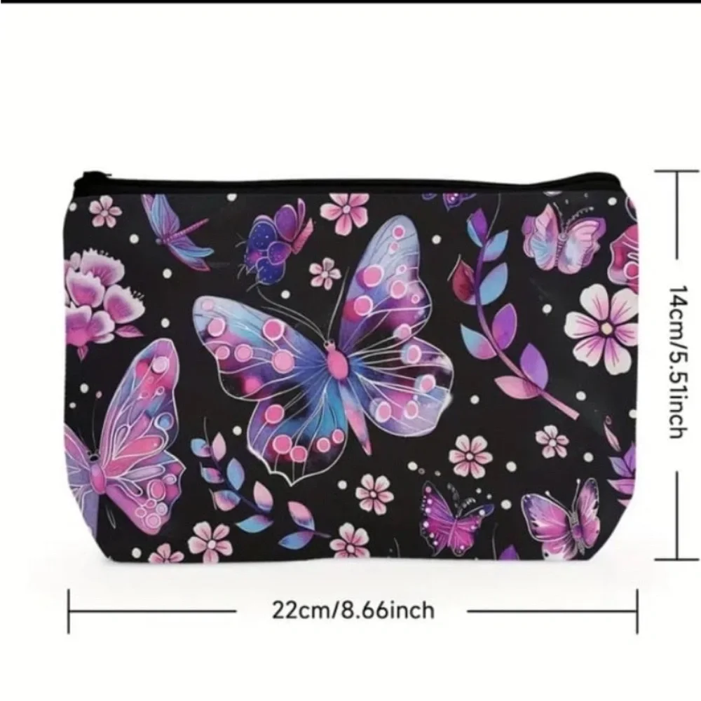 New! Polyester Lightweight Butterfly Design Cosmetic Pouch with Zipper Closure.